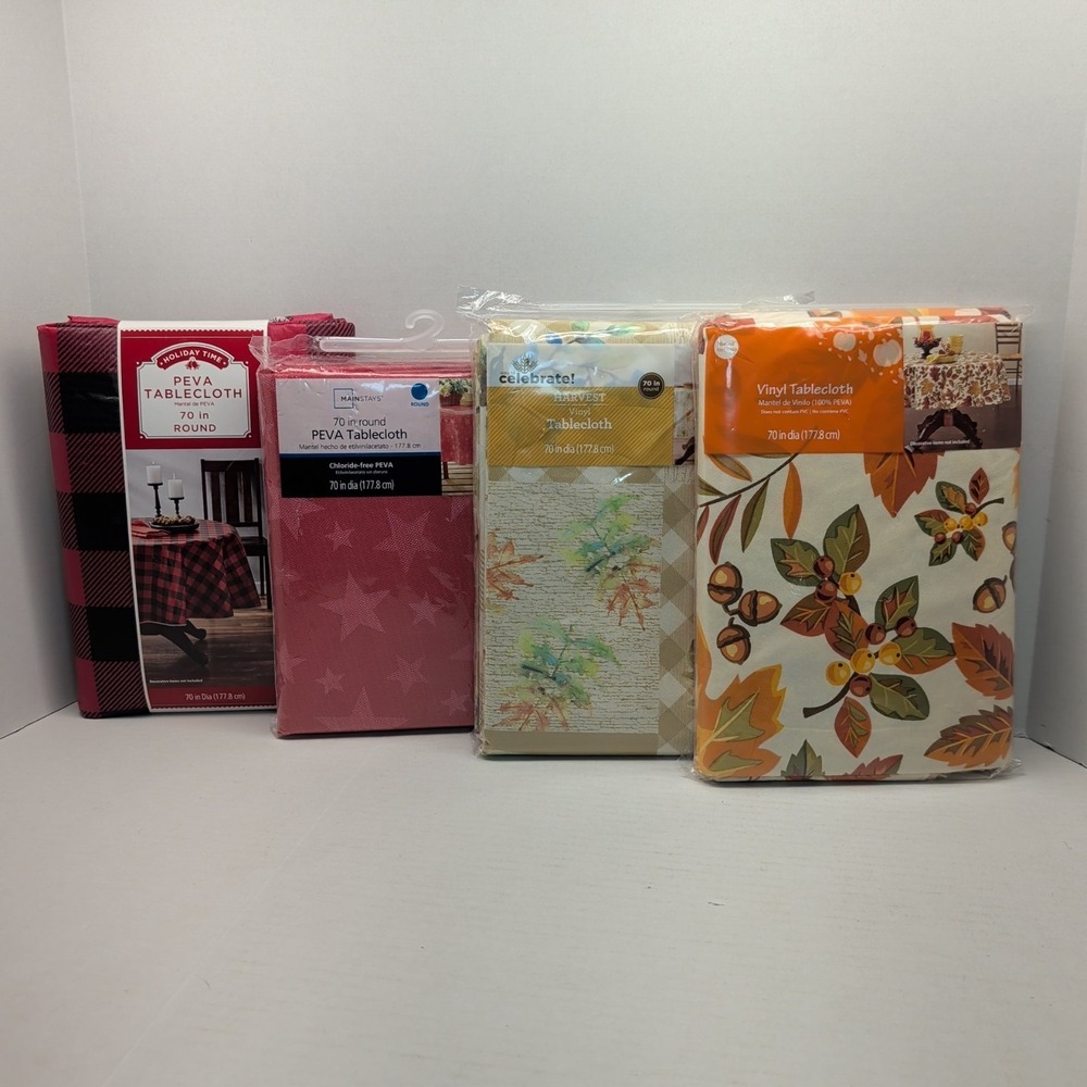 Lot of 4 Peva Vinyl Tablecloth 70 inch Round Fall Autumn Plaid Check Stars